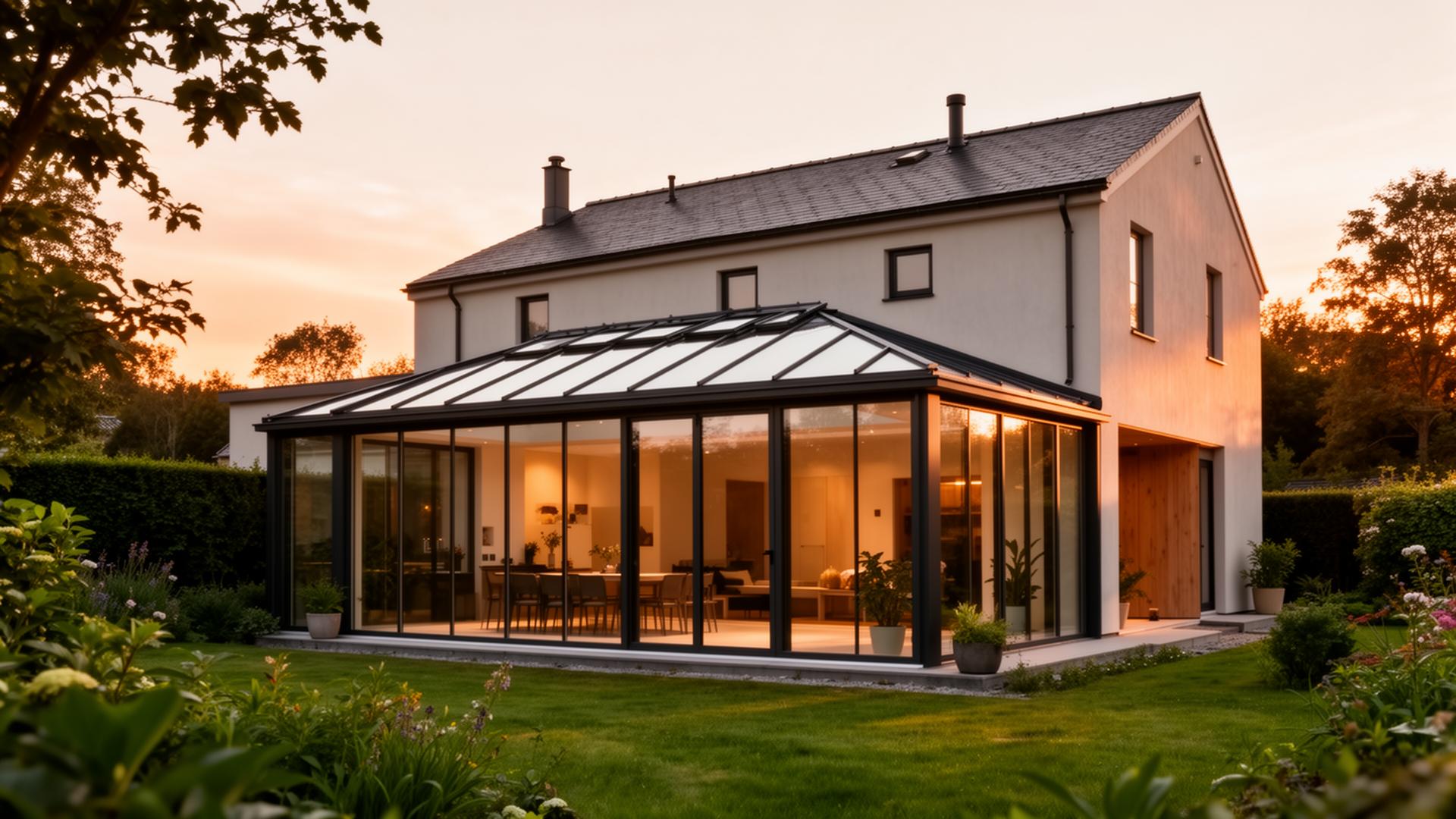 Modernt uterum som tillbyggnad på villa i kvällsljus